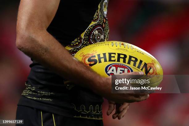 Detail of the Sherrin match ball during the round 11 AFL match between the Sydney Swans and the Richmond Tigers at Sydney Cricket Ground on May 27,...
