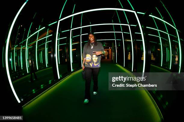 Epiphanny Prince of the Seattle Storm arrives wearing a shirt featuring a picture of Brittney Griner before the game against the New York Liberty at...