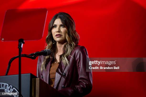 South Dakota Gov. Kristi Noem speaks during the National Rifle Association annual convention at the George R. Brown Convention Center on May 27, 2022...