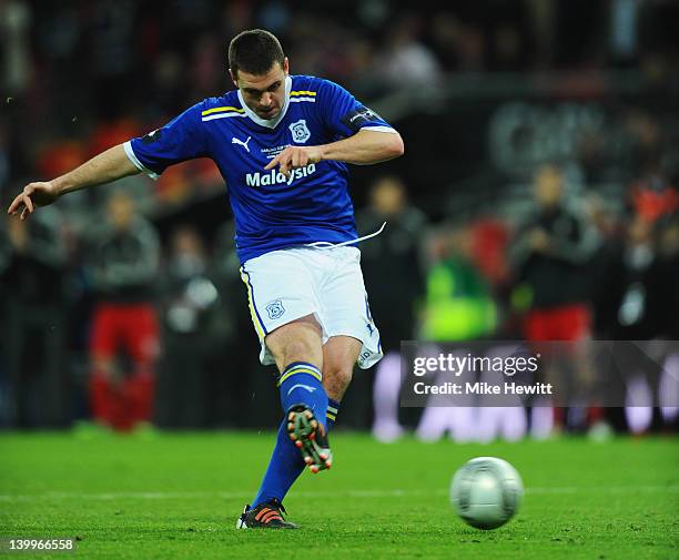 Anthony Gerrard of Cardiff City misses the decisive penalty in the shoot out during the Carling Cup Final match between Liverpool and Cardiff City at...