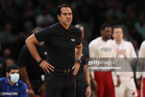 Head coach Erik Spoelstra of the Miami Heat reacts against the Boston Celtics during the second quarter in Game Six of the 2022 NBA Playoffs Eastern...