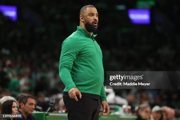 Head coach Ime Udoka of the Boston Celtics looks on against the Miami Heat during the second quarter in Game Six of the 2022 NBA Playoffs Eastern...