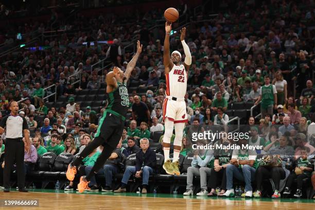 Jimmy Butler of the Miami Heat shoots a three point basket over Marcus Smart of the Boston Celtics during the second quarter in Game Six of the 2022...
