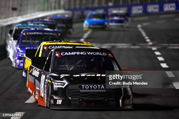 Chandler Smith, driver of the Safelite AutoGlass Toyota, leads the fieldduring the NASCAR Camping World Truck Series North Carolina Education Lottery...