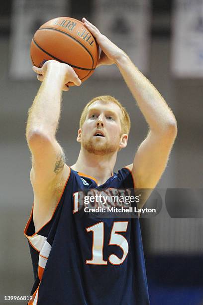 Joe Willman of the Bucknell Bison takes a foul shot during a college basketball game against the American Eagles on February 23, 2012 at Bender Arena...