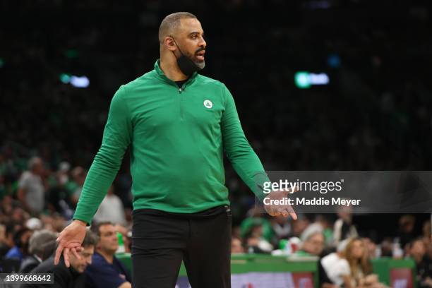 Head coach Ime Udoka of the Boston Celtics reacts against the Miami Heat during the second quarter in Game Six of the 2022 NBA Playoffs Eastern...