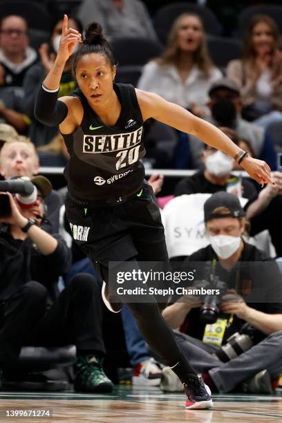 Briann January of the Seattle Storm reacts during the second quarter against the New York Liberty at Climate Pledge Arena on May 27, 2022 in Seattle,...