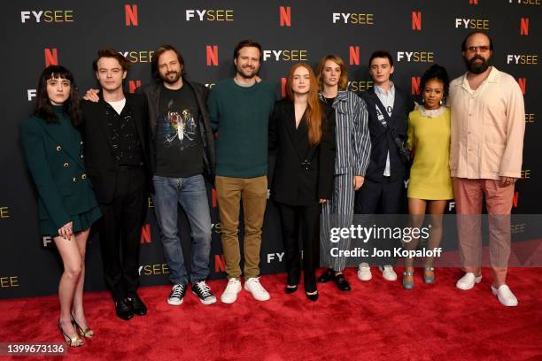 Natalia Dyer, Charlie Heaton, Matt Duffer, Ross Duffer, Sadie Sink, Maya Hawke, Noah Schnapp, Priah Ferguson and Brett Gelman attend Netflix Hosts...