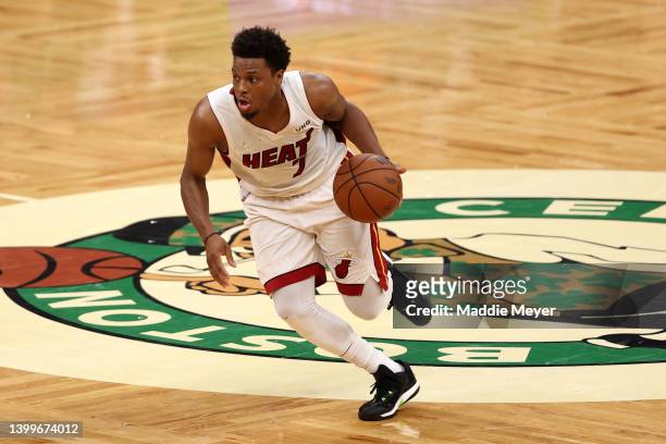 Kyle Lowry of the Miami Heat dribbles against the Boston Celtics during the fourth quarter in Game Six of the 2022 NBA Playoffs Eastern Conference...