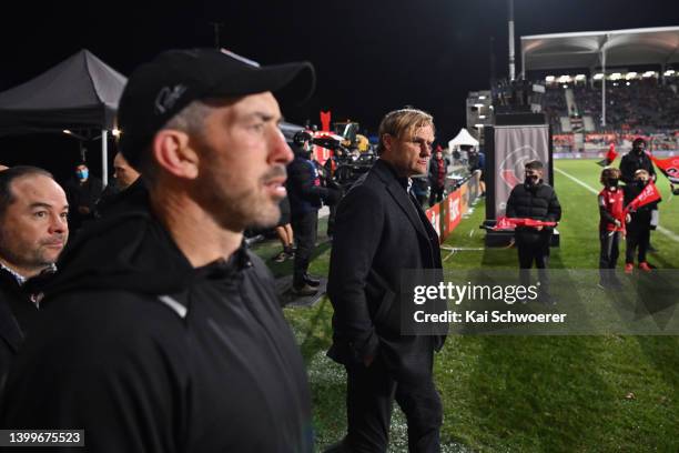 Assistant Coach Scott Hansen, Assistant Coach Andrew Goodman and Head Coach Scott Robertson of the Crusaders look on prior to the round 15 Super...