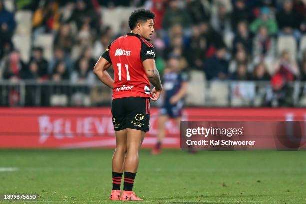 Leicester Fainga'anuku of the Crusaders looks on during the round 15 Super Rugby Pacific match between the Crusaders and the Queensland Reds at...