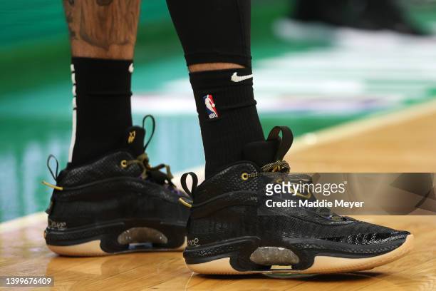The shoes of Jayson Tatum of the Boston Celtics are seen against the Miami Heat during the third quarter of Game Six of the 2022 NBA Playoffs Eastern...