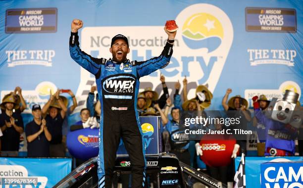 Ross Chastain, driver of the Worldwide Express Chevrolet, celebrates in victory lane after winning the NASCAR Camping World Truck Series North...