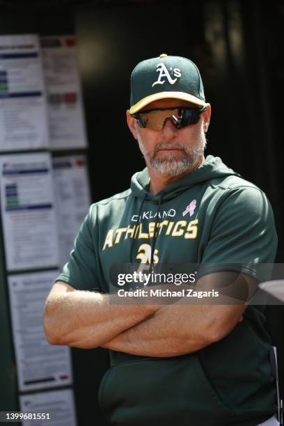 Manager Mark Kotsay of the Oakland Athletics in the dugout during the game against the Los Angeles Angels at RingCentral Coliseum on May 15, 2022 in...