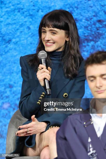 Natalia Dyer speaks onstage during attends Netflix's Stranger Things ATAS Official Screening at Raleigh Studios Hollywood on May 27, 2022 in Los...