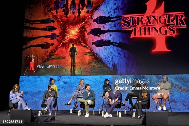 Moderator Lorraine Ali, Matt Duffer, Priah Ferguson, Maya Hawke, Ross Duffer, Natalia Dyer, Noah Schnapp, Charlie Heaton, Sadie Sink, and Brett...