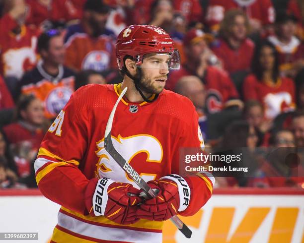 Calle Jarnkrok of the Calgary Flames in action against the Edmonton Oilers during Game Five of the Second Round of the 2022 Stanley Cup Playoffs at...