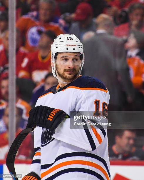 Zach Hyman of the Edmonton Oilers in action against the Calgary Flames during Game Five of the Second Round of the 2022 Stanley Cup Playoffs at...