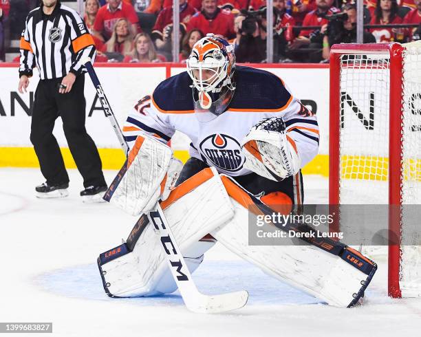 Mike Smith of the Edmonton Oilers in action against the Calgary Flames during Game Five of the Second Round of the 2022 Stanley Cup Playoffs at...