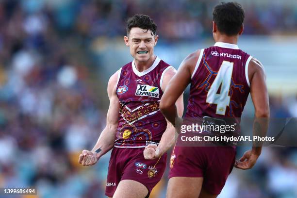 Lachie Neale of the Lions celebrates a goalduring the round 11 AFL match between the Brisbane Lions and the Greater Western Sydney Giants at The...