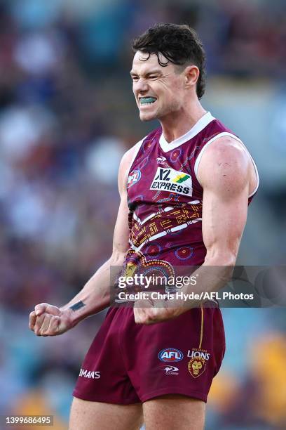 Lachie Neale of the Lions celebrates a goalduring the round 11 AFL match between the Brisbane Lions and the Greater Western Sydney Giants at The...