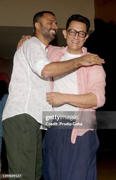 Advait Chandan and Aamir Khan attend the trailer launch 'Lal Singh Chaddha' on May 28, 2022 in Mumbai, India.