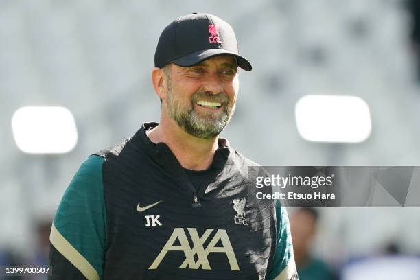 Liverpool manager Jurgen Klopp smiles at Stade de France on May 27, 2022 in Paris, France. Liverpool will face Real Madrid in the UEFA Champions...