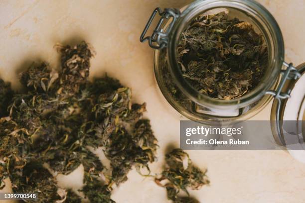 dried cannabis scattered from opened glass bottle. - coffee shop photos et images de collection