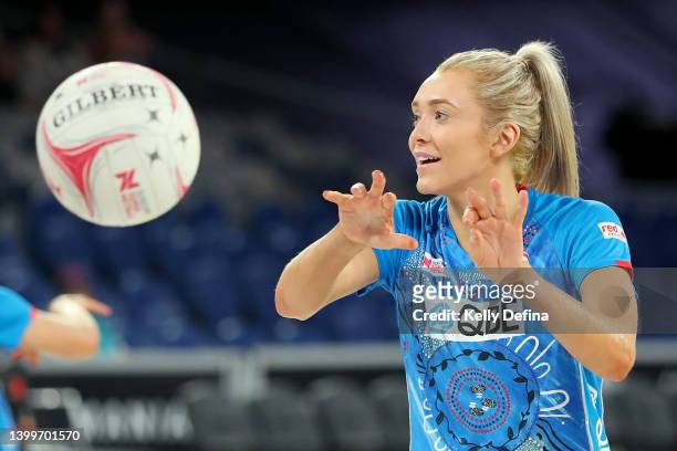 Helen Housby of the Swifts warms up during the round 12 Super Netball match between Collingwood Magpies and NSW Swifts at John Cain Arena, on May 28...