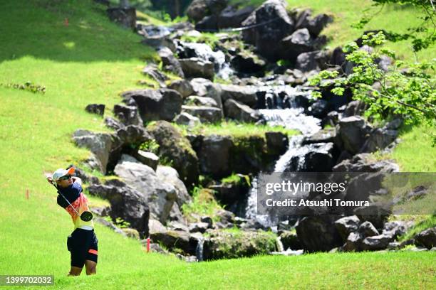 Mao Nozawa of Japan hits her tee shot on the 4th hole during the third round of Resorttrust Ladies at Maple Point Golf Club on May 28, 2022 in...