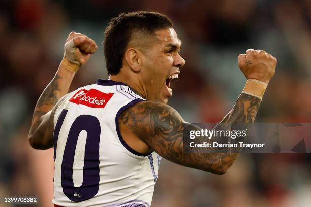 Michael Walters of the Dockers celebrates a goal during the round 11 AFL match between the the Melbourne Demons and the Fremantle Dockers at...