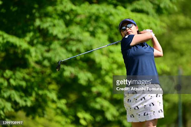 Hiroko Azuma of Japan hits her tee shot on the 6th hole during the third round of Resorttrust Ladies at Maple Point Golf Club on May 28, 2022 in...