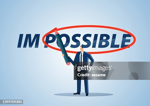 Make the impossible possible, challenge difficulties and setbacks and achieve success, businessman circles letter possible from letters impossible with red marker pen, corporate culture and business concept illustration Make the impossible possible, challenge difficulties and setbacks and achieve success, businessman circles letter possible from letters impossible with red marker pen, corporate culture and business concept illustration