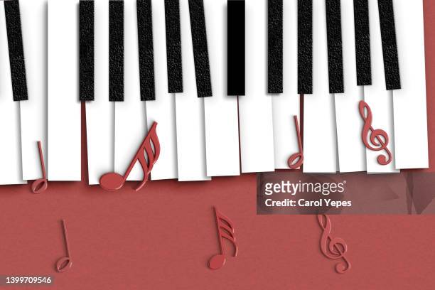 piano made of paper work  musical notes in white background - 3d music notes stock pictures, royalty-free photos & images