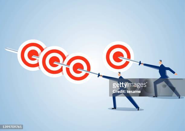 stockillustraties, clipart, cartoons en iconen met a businessman hits three targets with a long sword, another businessman can only hit one target with a short sword. if you want to do good work, you must first sharpen your weapon. - speer