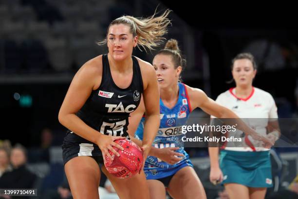 Sophie Garbin of the Magpies looks to pass during the round 12 Super Netball match between Collingwood Magpies and NSW Swifts at John Cain Arena, on...