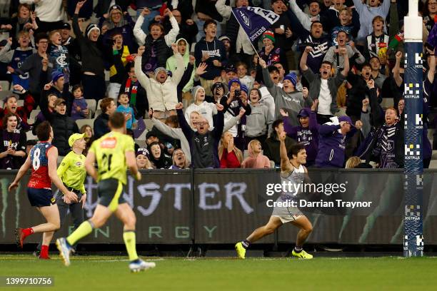 Fremantle fans celebrates a goal during the round 11 AFL match between the the Melbourne Demons and the Fremantle Dockers at Melbourne Cricket Ground...