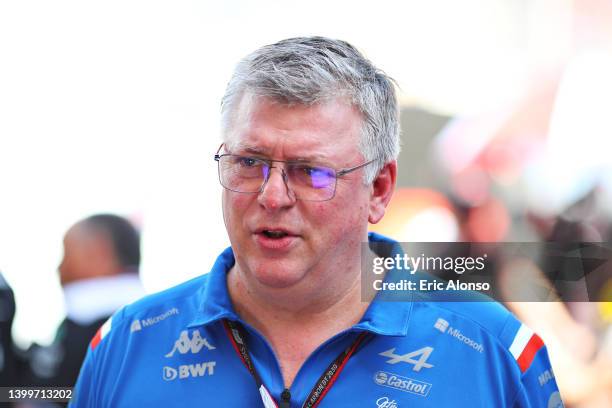 Otmar Szafnauer, Team Principal of Alpine F1 talks to the media in the Paddock prior to final practice ahead of the F1 Grand Prix of Monaco at...