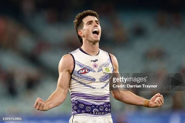 Andrew Brayshaw of the Dockers celebrates on the final siren during the round 11 AFL match between the the Melbourne Demons and the Fremantle Dockers...