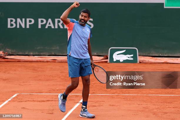 Rohan Bopanna of India celebrates a point playing with partner Matwe Middelkoop of Netherlands against Nikola Mektic of Croatia and partner Mate...