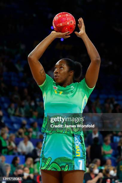Jhaniele Fowler of the Fever shoots the ball during her warm up before the round 12 Super Netball match between West Coast Fever and Queensland...