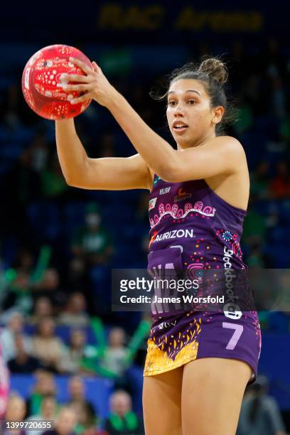 Jemma Mi Mi of the Firebirds looks to make a pass during the round 12 Super Netball match between West Coast Fever and Queensland Firebirds at RAC...