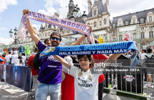 Real Madrid fans at Hotel de Ville on day 3 of the UEFA Champions League Final 2021/22 Festival ahead of the UEFA Champions League final match...