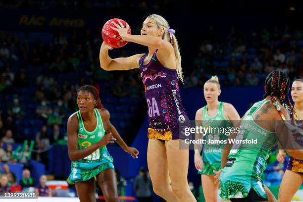 Gretel Bueta of the Firebirds makes a a pass during the round 12 Super Netball match between West Coast Fever and Queensland Firebirds at RAC Arena,...