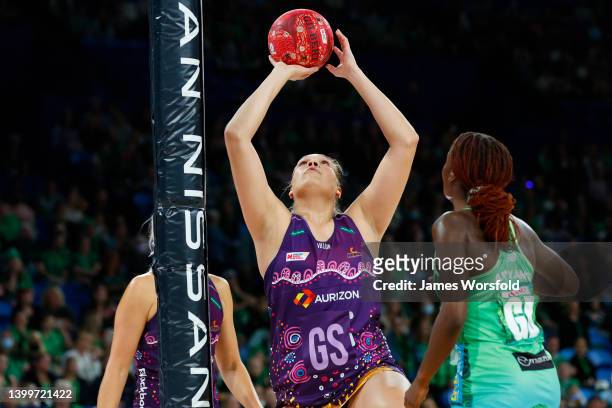 Donnell Wallam of the Firebirds shoots for the net during the round 12 Super Netball match between West Coast Fever and Queensland Firebirds at RAC...