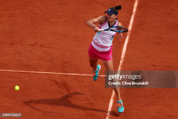 Irina-Camelia Begu of Romania plays a forehand against Leolia Jeanjean of France during the Women's Singles Third Round match on Day 7 of The 2022...