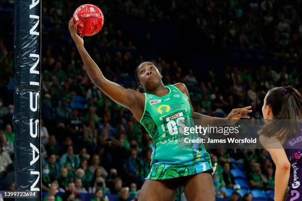 Jhaniele Fowler of the Fever takes possession of the ball during the round 12 Super Netball match between West Coast Fever and Queensland Firebirds...