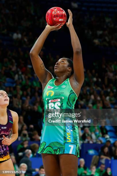 Jhaniele Fowler of the Fever shoots the ball into the net during the round 12 Super Netball match between West Coast Fever and Queensland Firebirds...