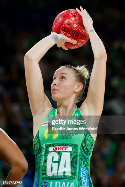 Sasha Glasgow of the Fever shoots the ball during the round 12 Super Netball match between West Coast Fever and Queensland Firebirds at RAC Arena, on...