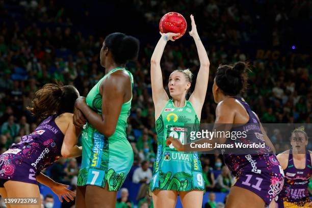 Sasha Glasgow of the Fever takes a shot at the hoop during the round 12 Super Netball match between West Coast Fever and Queensland Firebirds at RAC...